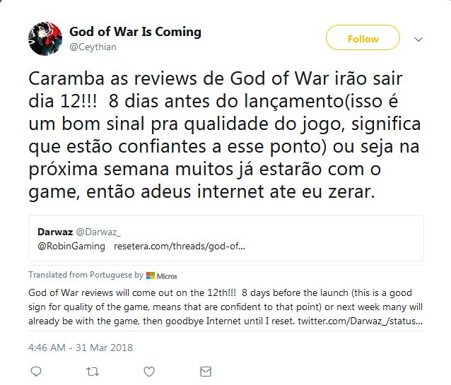 God of War PS4 Review Embargo Tweet