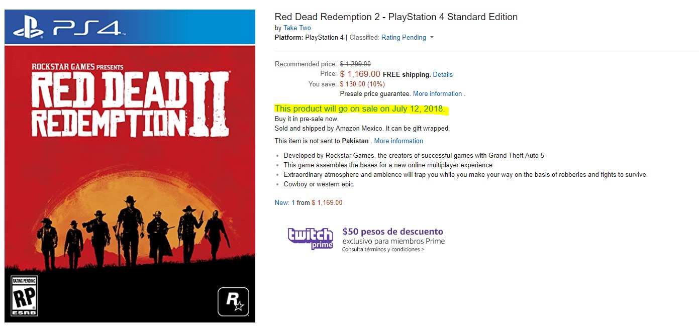 Red Dead Redemption 2 Listing At Amazon Mexico